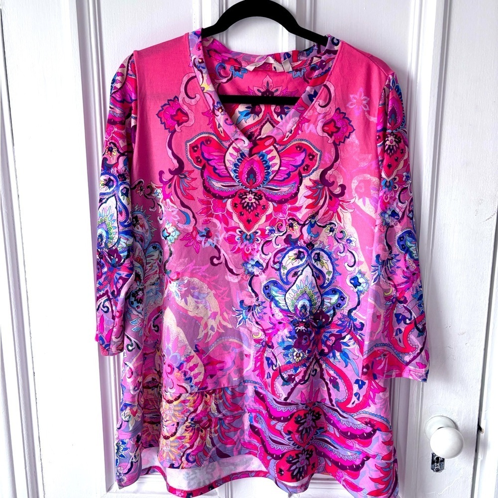 Soft Surroundings Reyes Tunic Top Women’s 1x Pink Floral Paisley Print